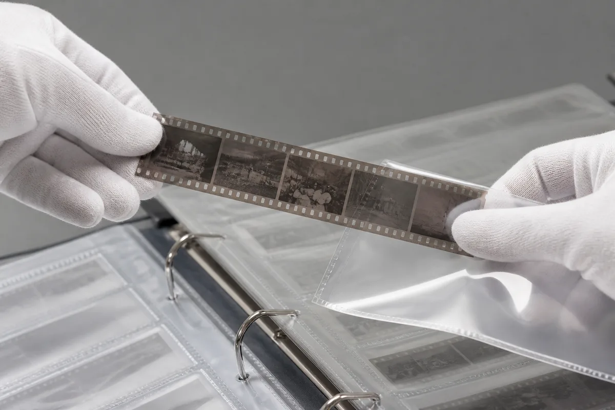 Mains gantées glissant une bande de négatifs dans une pochette transparente